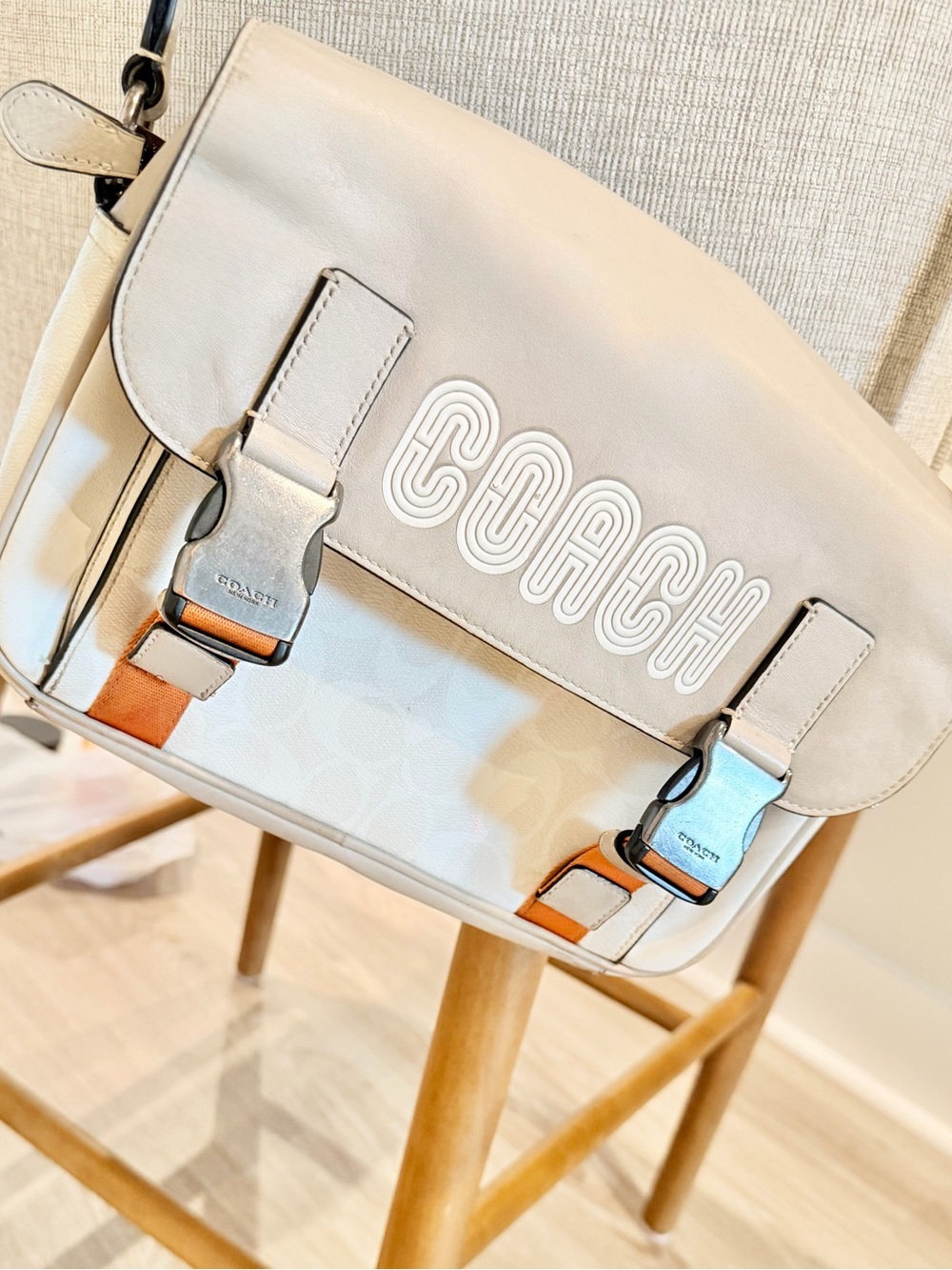 COACH Cream and Tan Leather Signature Flap Crossbody